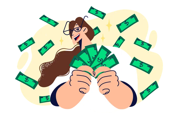 Successful Woman Rejoices At Money Rain And Holds Dollar Bills In Hands Wanting To Share Moneymaking Ways Rich Girl Makes Good Money Thanks To Professional Skills Or Profitable Investments Illustration