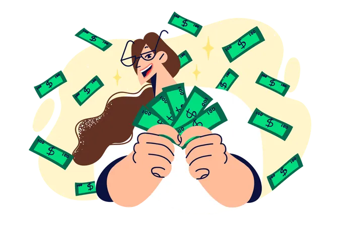 Woman rejoices at money rain and holds dollar bills in hands  Illustration