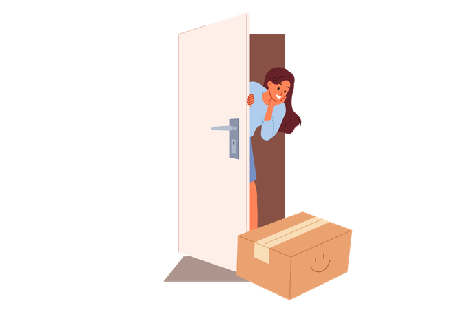 Woman rejoices at receiving package delivered by courier  Illustration