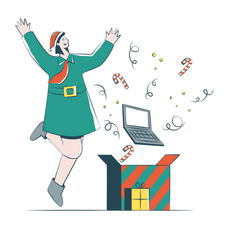 Woman Rejoices Over Christmas Presents  Illustration