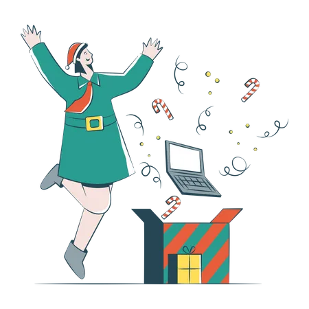 Woman Rejoices Over Christmas Presents  Illustration