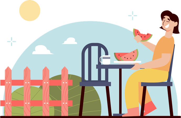 Woman Relax Eating Watermelon  Illustration
