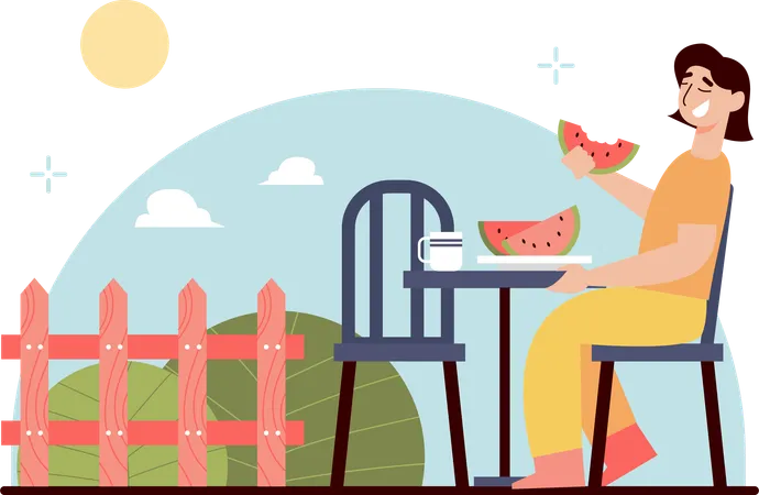 Woman Relax Eating Watermelon  Illustration