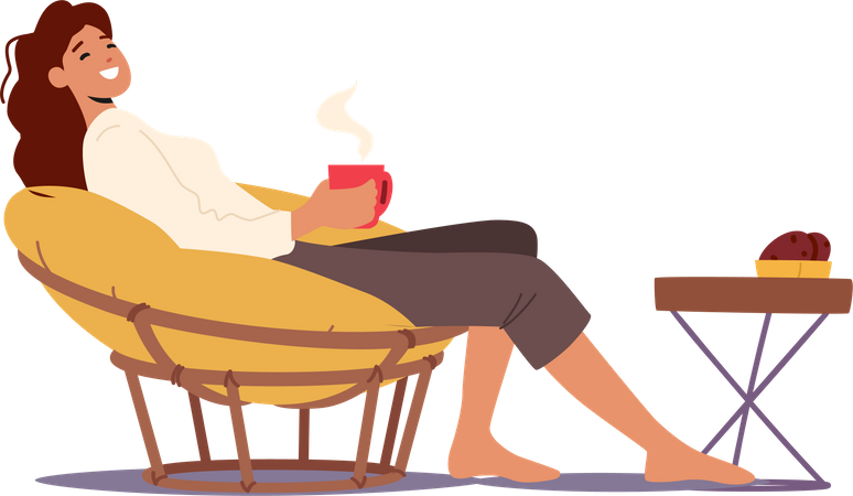 Woman relaxing and having coffee while sitting on chair  Illustration