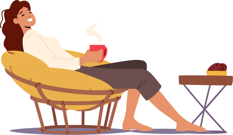 Woman relaxing and having coffee while sitting on chair  Illustration