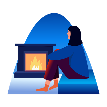 Woman relaxing at fireplace  Illustration
