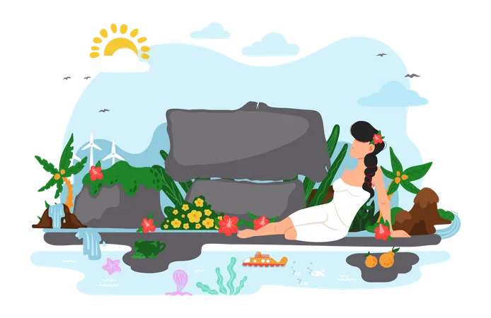 Welcome To Jeju Island In South Korea Traditional Plants Layout Of Postcard With Invitation To Blooming Island For Tourists Beautiful Girl In Dress With Flower In Her Hair Resting On Jeju Illustration