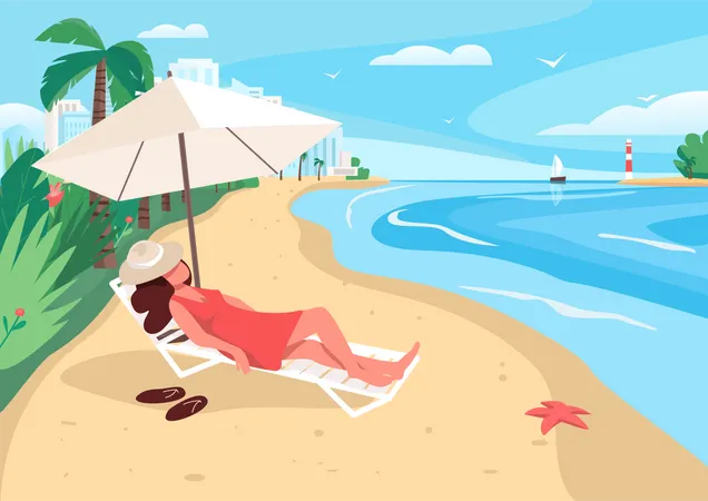 Woman Relaxing At Sandy Beach Flat Color Vector Illustration Summertime Leisure Girl Sunbathing 2 D Cartoon Character With City Skyscrapers Ocean And Tropical Palm Trees On Background Illustration