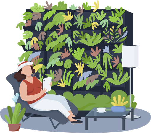 Woman relaxing between indoor plants Illustration