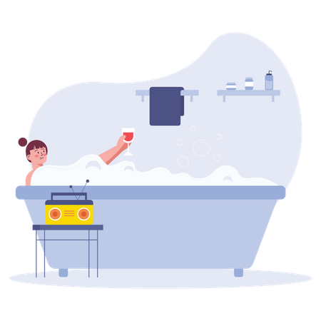 Woman relaxing in bathtub and listening broadcast Illustration