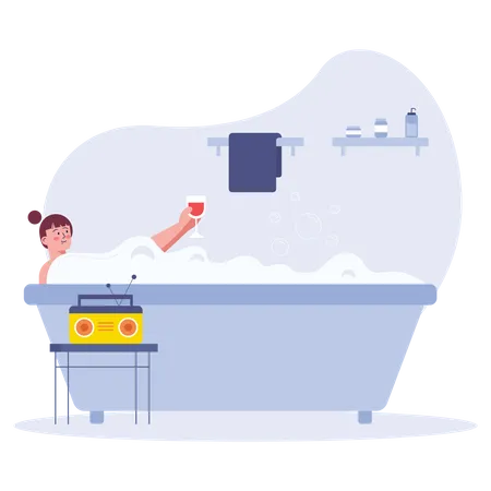 Woman relaxing in bathtub and listening broadcast Illustration