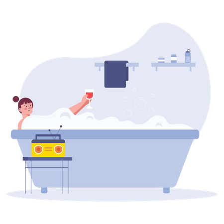 Woman relaxing in bathtub and listening broadcast  Illustration