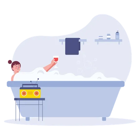 Woman relaxing in bathtub and listening broadcast  Illustration