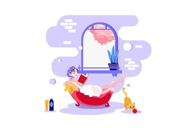 Woman relaxing in bubble bath and reading book  Illustration
