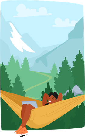 Woman Relaxing In Hammock By Beautiful Mountain Landscape  Illustration