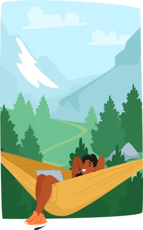 Woman Relaxing In Hammock By Beautiful Mountain Landscape  Illustration