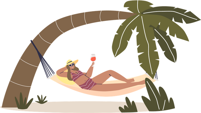 Woman relaxing in hammock with cocktail on vacation  Illustration