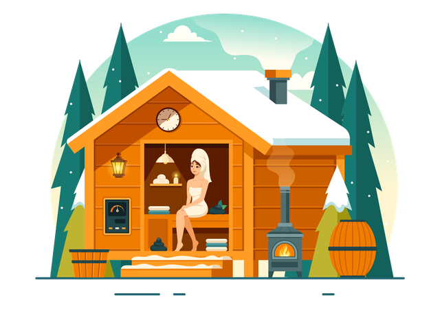 Woman relaxing in sauna  Illustration