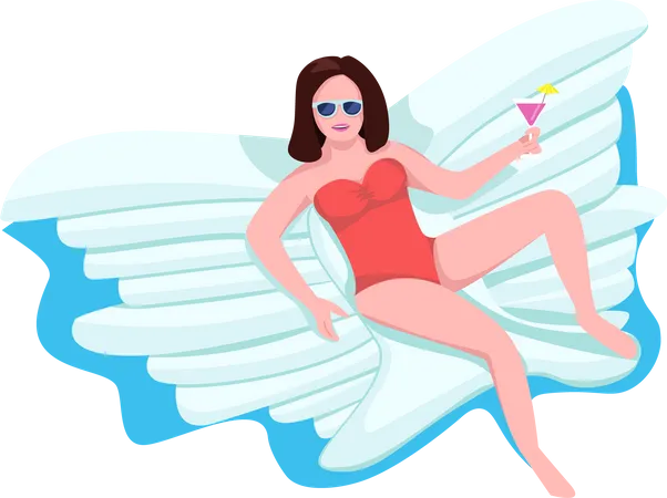 Woman Relaxing On Air Mattress Semi Flat Color Vector Character Lying Figure Full Body Person On White Pool Party Simple Cartoon Style Illustration For Web Graphic Design And Animation Illustration