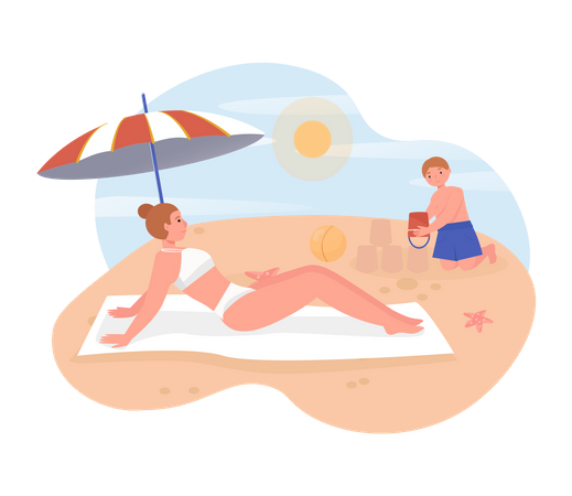 Woman relaxing on beach and boy playing with bucket Illustration