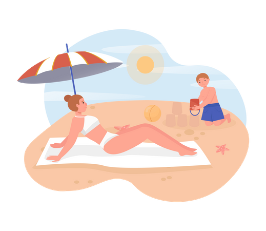 Woman relaxing on beach and boy playing with bucket  Illustration