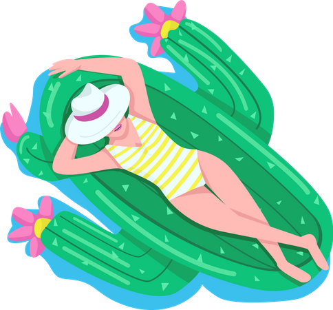 Woman relaxing on cactus air mattress Illustration