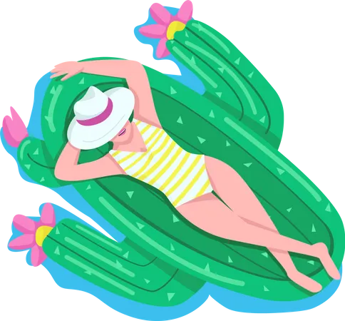 Woman relaxing on cactus air mattress Illustration