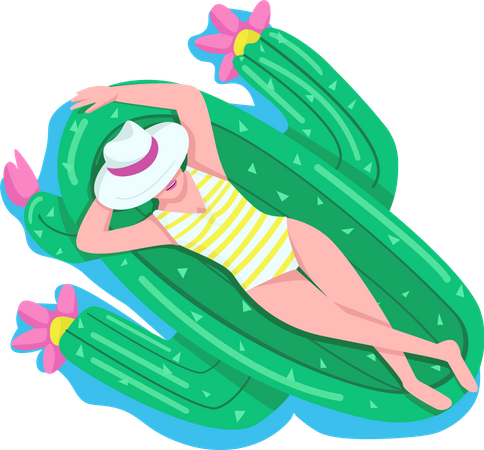 Woman relaxing on cactus air mattress  Illustration