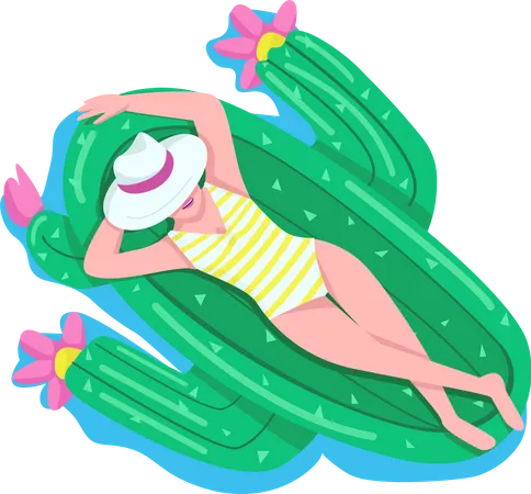 Woman relaxing on cactus air mattress  Illustration