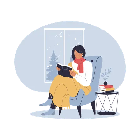 Woman relaxing reading a book in winter  Illustration