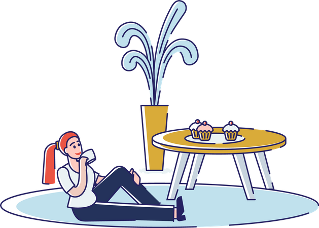 Woman relaxing with hot beverage while sitting on floor Illustration