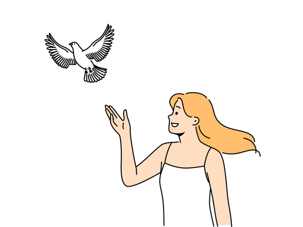Woman releases dove standing and watching bird symbolize hope and peace  Illustration