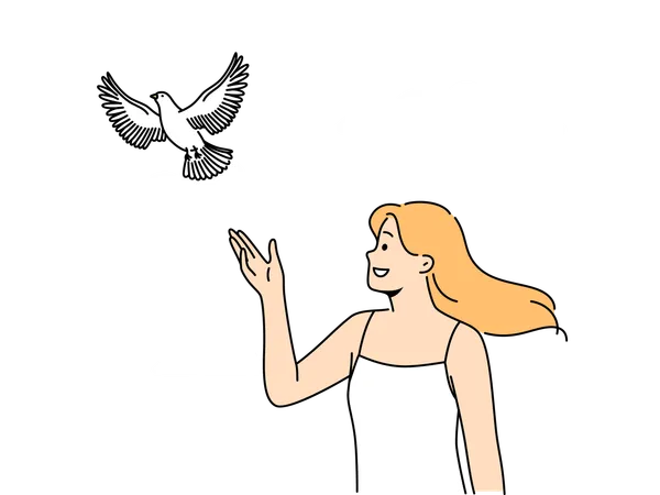 Woman releases dove standing and watching bird symbolize hope and peace  Illustration