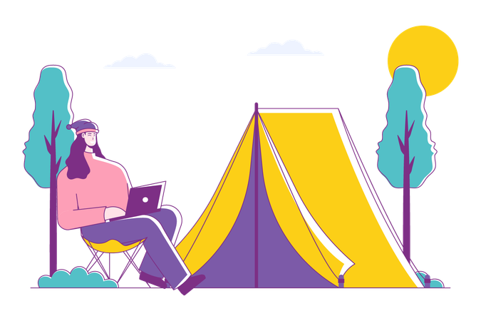 Woman Remote Working While Camping  Illustration