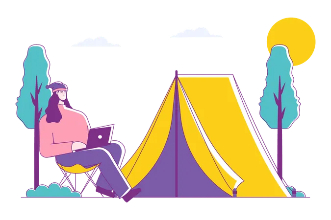 Woman Remote Working While Camping  Illustration