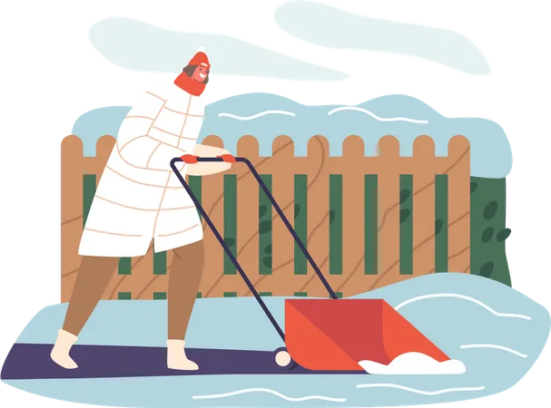 Female Character Remove Snow Efficient Woman Meticulously Clears Yard From Freshly Fallen Snow Determined And Focused Leaving Behind A Clean Winter Wonderland Cartoon People Vector Illustration Illustration