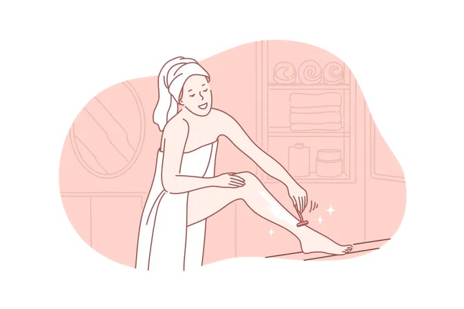 Beauty Skincare Depilation Concept Young Cheerful Woman In Towel On Body And Head Does Depilation Skincare Makes People Beautiful Happy Girl Shaves Legs In Bathroom Simple Flat Vector Illustration