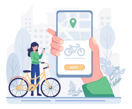 Woman renting bike from bike rental app Illustration
