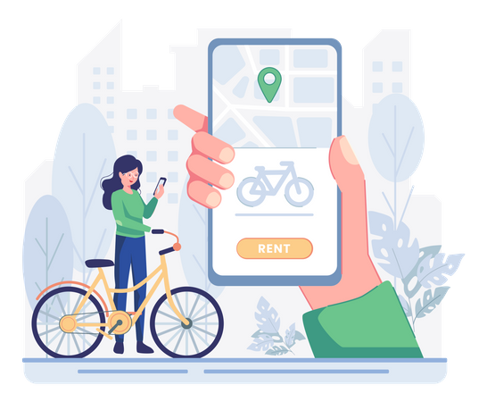 Woman renting bike from bike rental app  Illustration