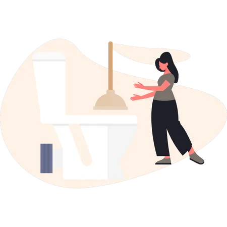 Woman  repairing sink and cleaning toilet  Illustration