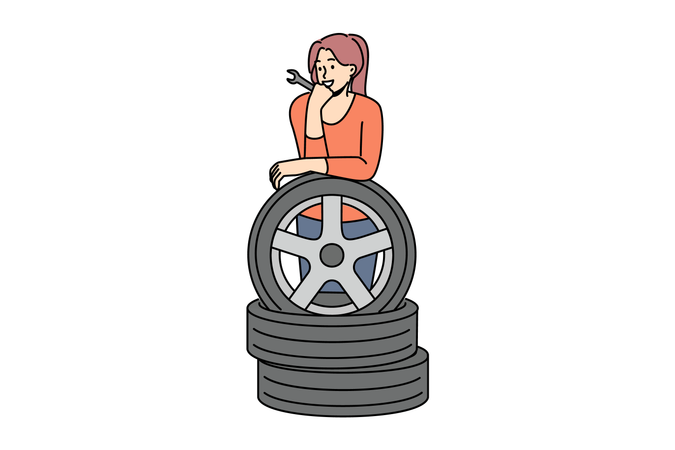 Woman repairs car tyre  イラスト