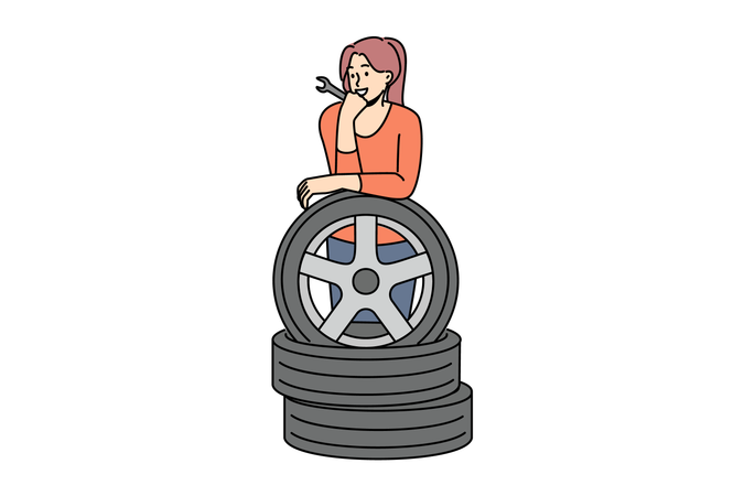 Woman repairs car tyre  Illustration