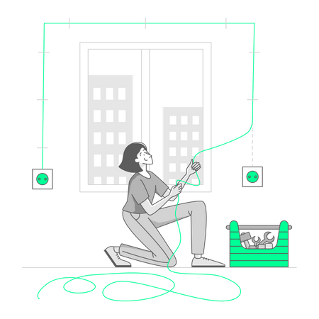 Woman repairs electrical wiring in a house  Illustration