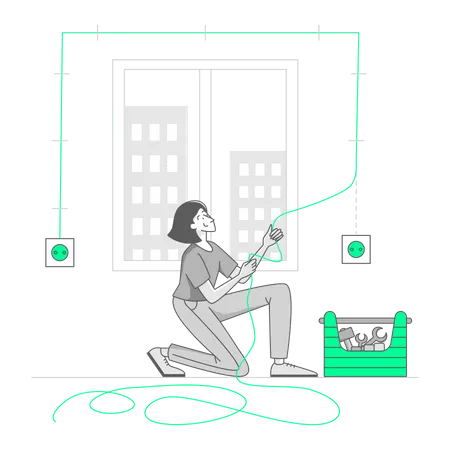 Woman repairs electrical wiring in a house  Illustration