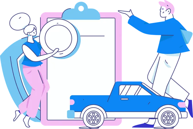 Woman repairs her new car  Illustration