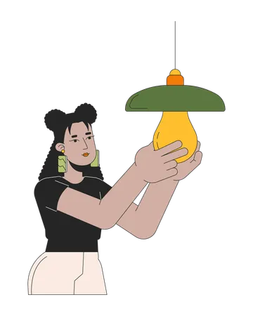 Switching To Energy Saving Lightbulb Line Cartoon Flat Illustration Hispanic Woman Replacing Bulb 2 D Lineart Character Isolated On White Background Modernization Light Scene Vector Color Image イラスト