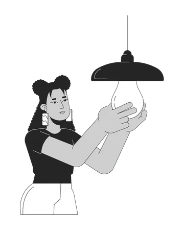 Switching To Energy Saving Lightbulb Black And White Cartoon Flat Illustration Hispanic Woman Replacing Bulb 2 D Lineart Character Isolated Modernization Light Monochrome Scene Vector Outline Image 일러스트레이션