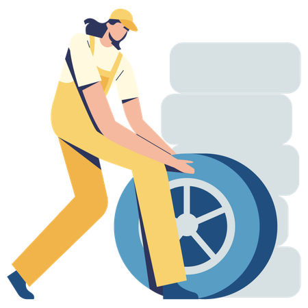 Woman replacing car tire  Illustration