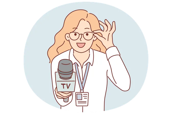 Woman reporter with microphone adjusts glasses and interviews politician or manager of corporation  Illustration