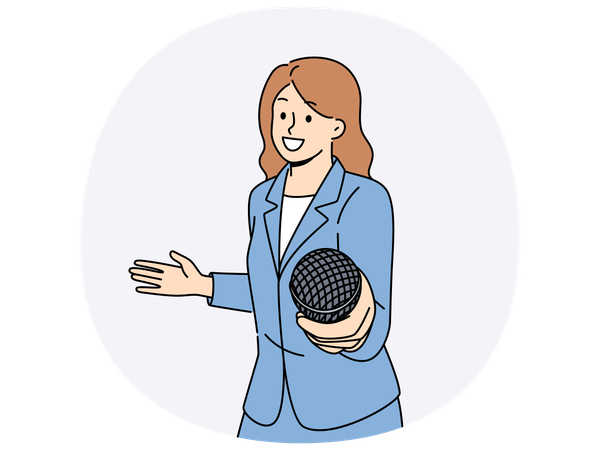 Woman reporter with microphone wants to take interview and asks questions of interlocutor  Illustration